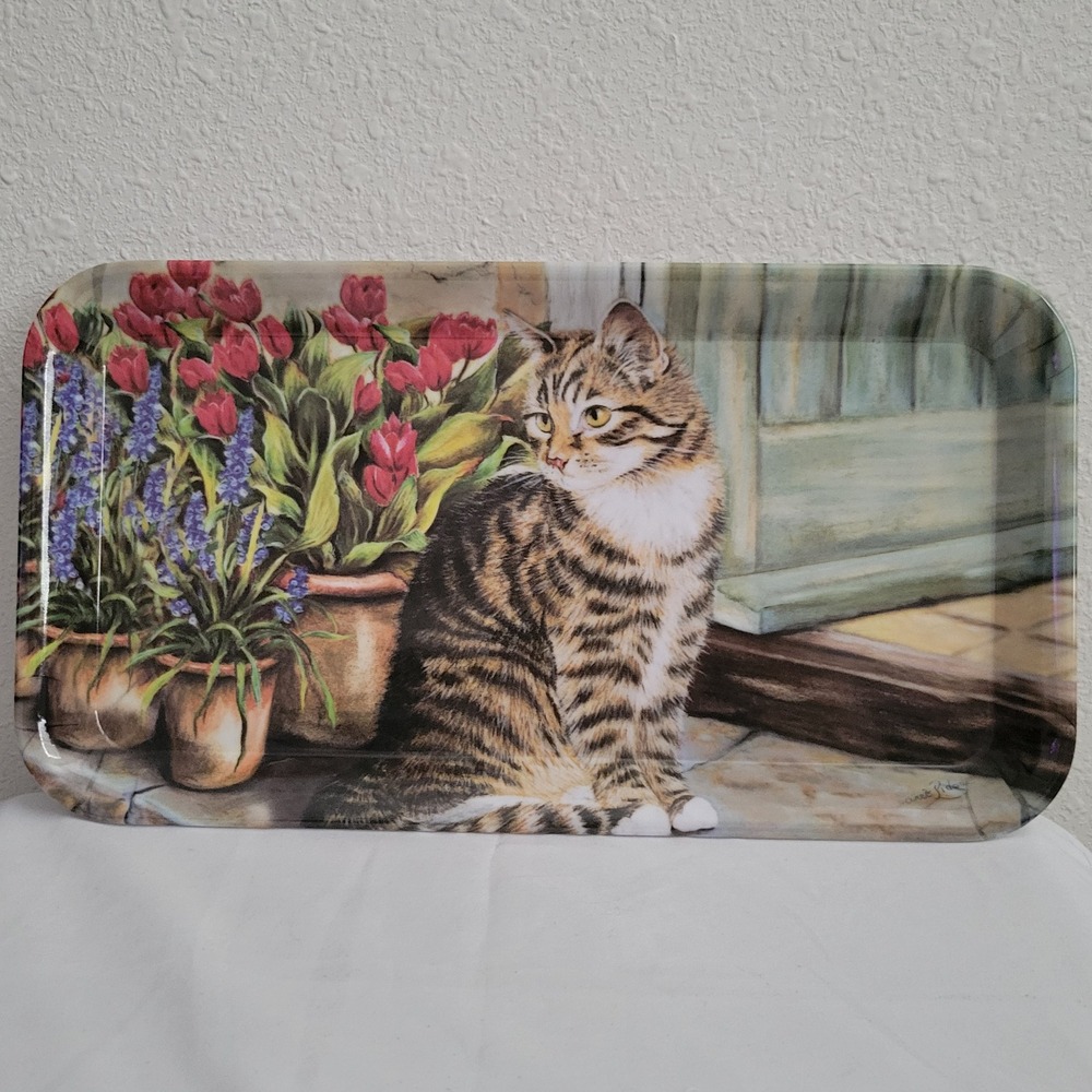 Tabby Kitten Cat Melamine Serving Tray Red Tulips Flowers Garden Art 12x6.75